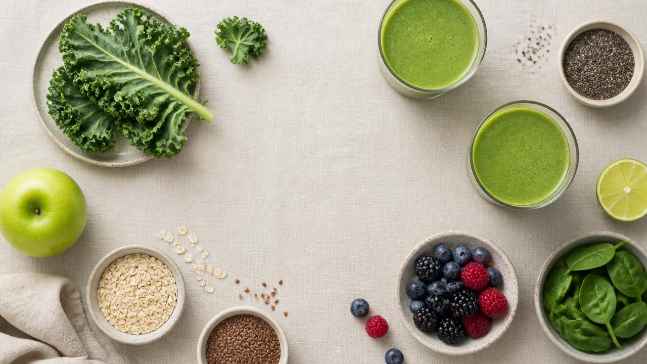 Ingredientes naturais: couve, maçã verde, aveia, chia, linhaça, frutas vermelhas e bebidas verdes